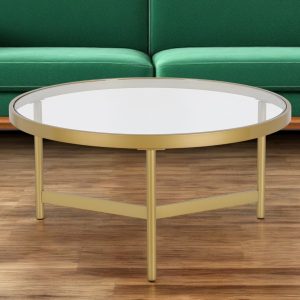 32" Gold Glass And Steel Round Coffee Table