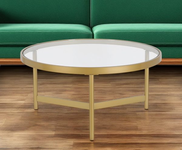 32" Gold Glass And Steel Round Coffee Table