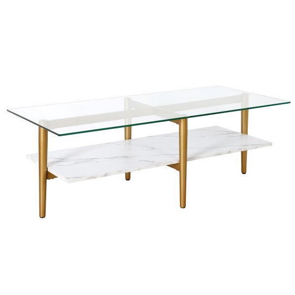 47" White And Gold Glass And Steel Coffee Table With Shelf - Image 2