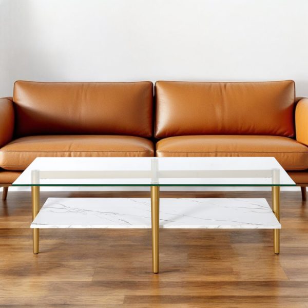 47" White And Gold Glass And Steel Coffee Table With Shelf