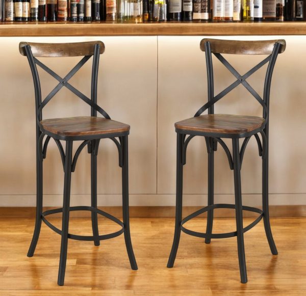 30" Brown and Black Solid Wood and Metal Counter Height Bar Chair - Image 2