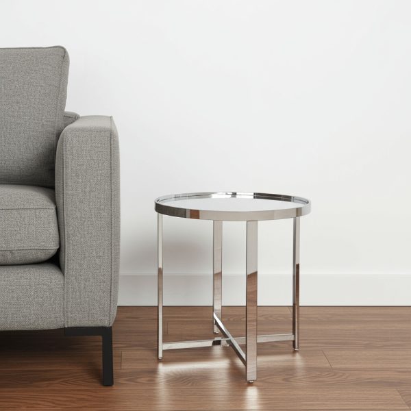 22" Silver Glass And Stainless Steel Round Mirrored End Table - Image 2