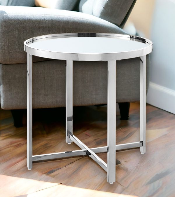 22" Silver Glass And Stainless Steel Round Mirrored End Table - Image 3