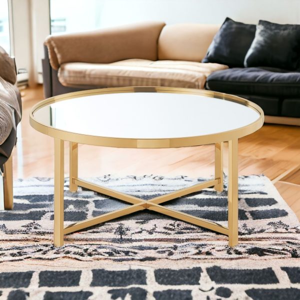 32" Silver And Gold Glass And Stainless Steel Round Mirrored Coffee Table - Image 2