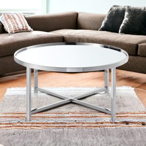 32" Silver Glass And Stainless Steel Round Mirrored Coffee Table