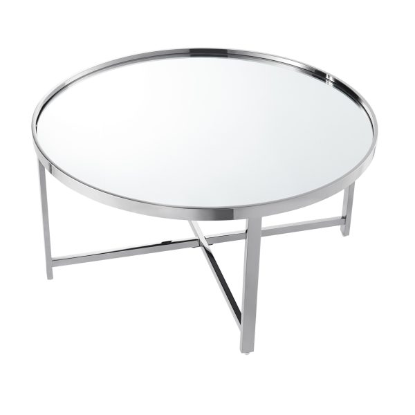 32" Silver Glass And Stainless Steel Round Mirrored Coffee Table - Image 3