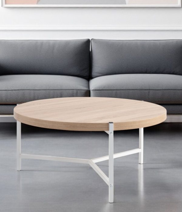 37" Natural And White Metal Round Coffee Table - Image 2