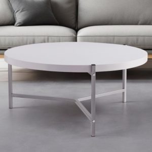 37" White And Silver Wood And Stainless Steel Round Coffee Table