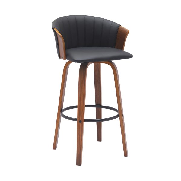 30" Black And Wood Brown Faux Leather Swivel Bar Height Bar Chair - Image 2