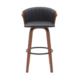 30" Black And Wood Brown Faux Leather Swivel Bar Height Bar Chair