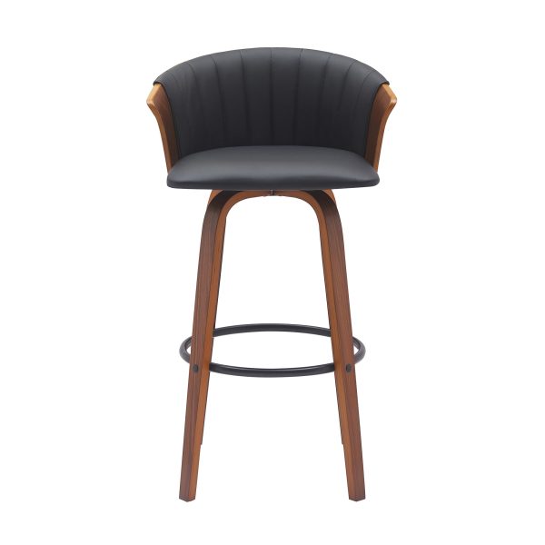 30" Black And Wood Brown Faux Leather Swivel Bar Height Bar Chair