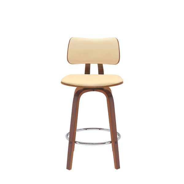 26" Cream And Wood Brown Faux Leather Swivel Low Back Counter Height Bar Chair - Image 2