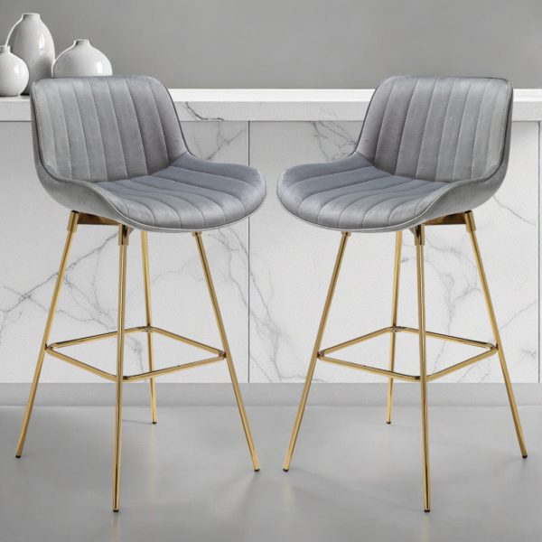 Set of Two 29" Gray and Gold Velvet and Metal Low Back Bar Height Swivel Bar Chairs - Image 2
