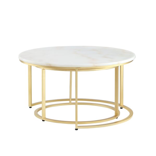 Set of Two 31" White And Gold Genuine Marble And Iron Round Nested Coffee Tables - Image 2