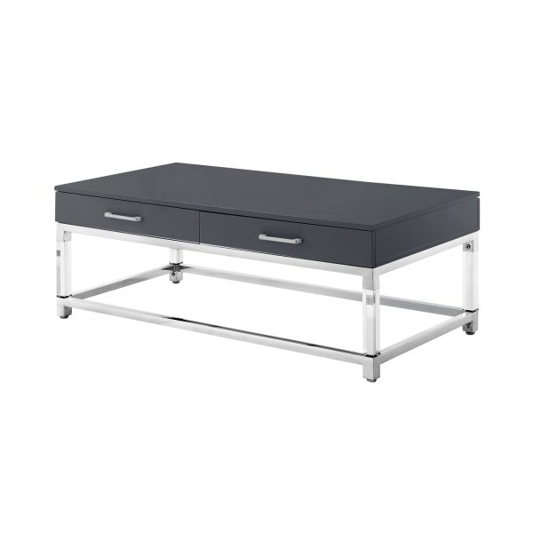 47" Dark Gray Silver And Clear Wood Acrylic And Steel Coffee Table - Image 3
