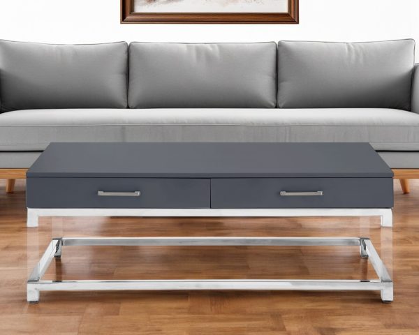 47" Dark Gray Silver And Clear Wood Acrylic And Steel Coffee Table