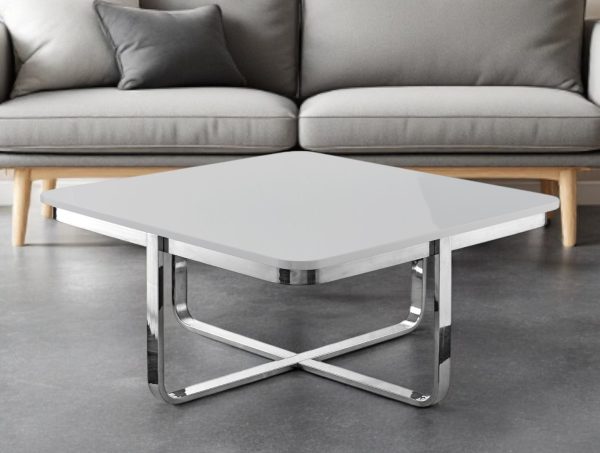 35" Light Gray And Silver Metallic Wood And Stainless Steel Square Coffee Table - Image 2