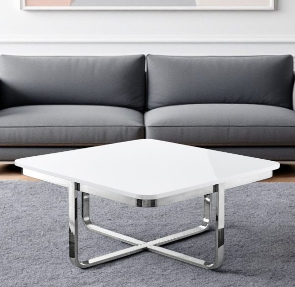 35" White And Silver Metallic Stainless Steel Square Coffee Table - Image 2