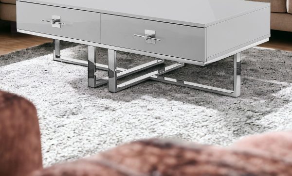47" Light Gray And Silver Metallic Stainless Steel Coffee Table With Two Drawers - Image 2