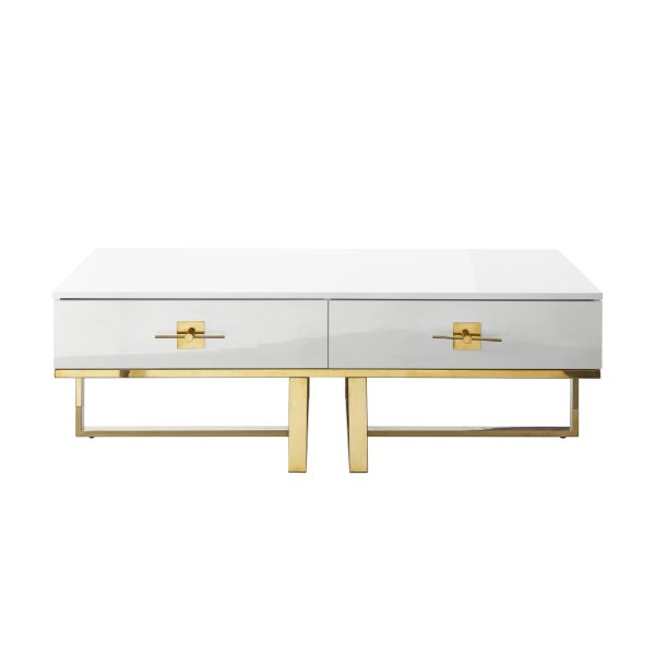 47" White And Gold Stainless Steel Coffee Table With Two Drawers - Image 2