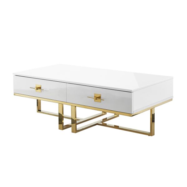 47" White And Gold Stainless Steel Coffee Table With Two Drawers - Image 3