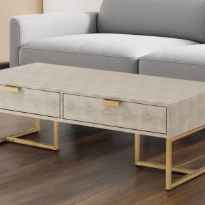 46" Cream And Gold Wood And Stainless Steel Coffee Table With Two Drawers