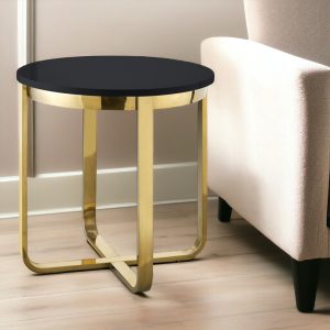 22" Black and Gold Wood and Stainless Steel Round Cross Legs End Table