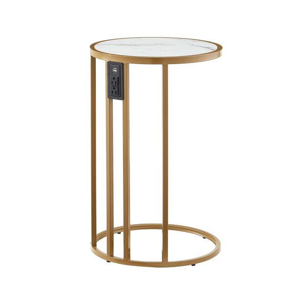 25" White and Gold Faux Marble and Iron Round C Table End Table And USB Port - Image 2