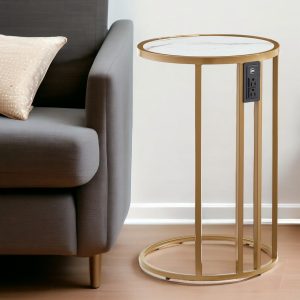 25" White and Gold Faux Marble and Iron Round C Table End Table And USB Port