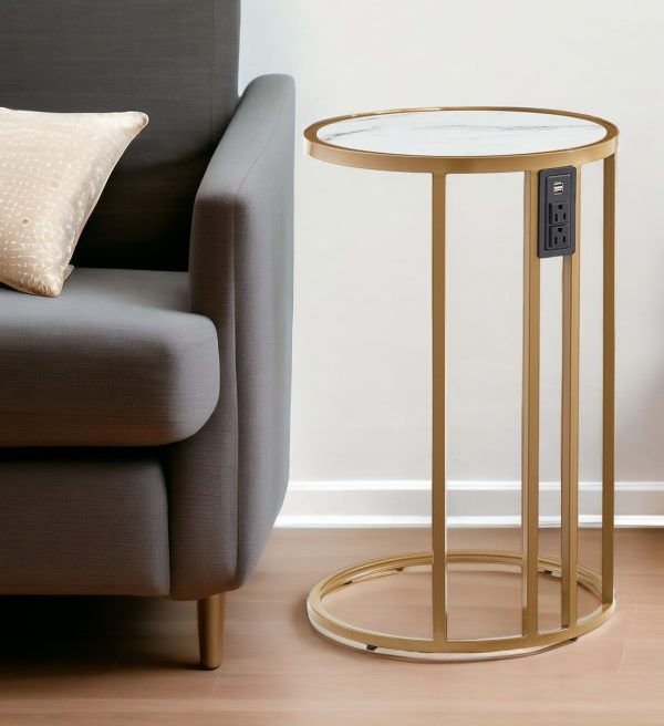 25" White and Gold Faux Marble and Iron Round C Table End Table And USB Port