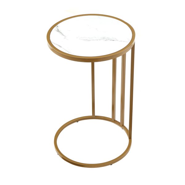 25" White and Gold Faux Marble and Iron Round C Table End Table And USB Port - Image 3