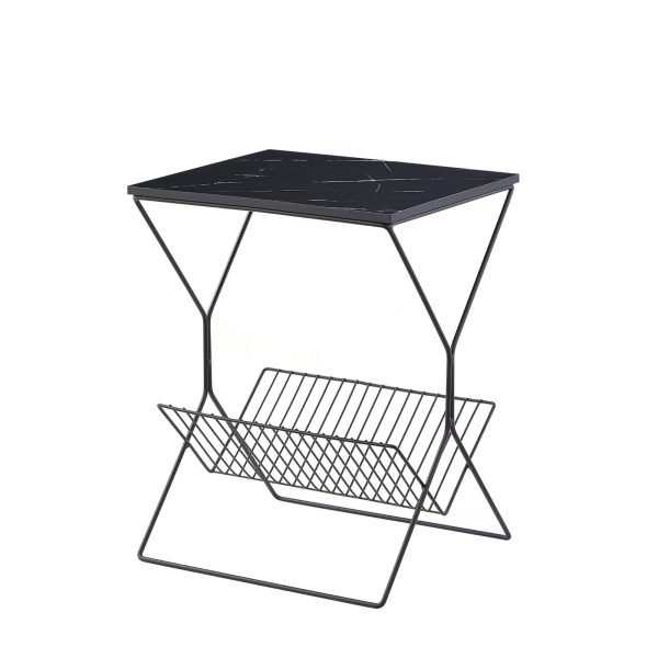 22" Black Faux Marble and Iron Sled End Table With Magazine Holder - Image 2