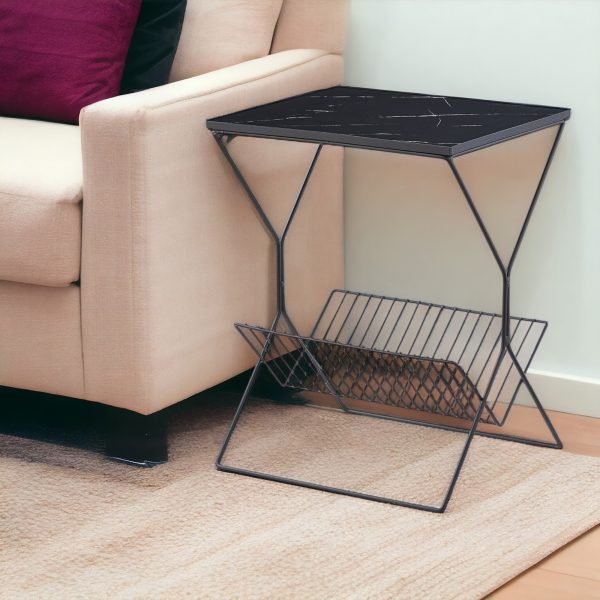 22" Black Faux Marble and Iron Sled End Table With Magazine Holder