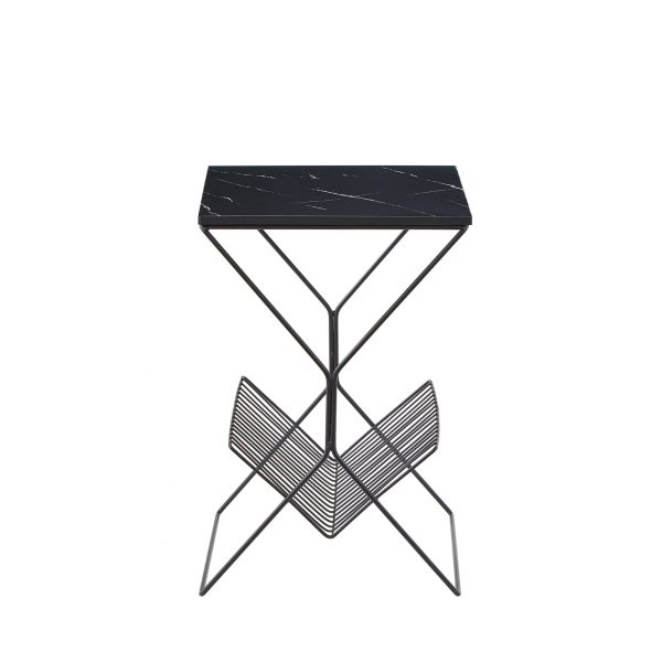 22" Black Faux Marble and Iron Sled End Table With Magazine Holder - Image 3