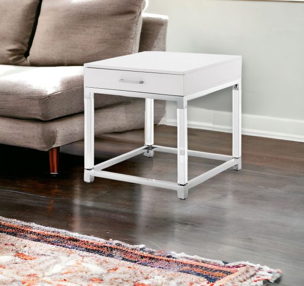 24" Silver Metallic And White Square End Table With Drawer - Image 2