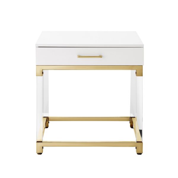 24" White and Gold Wood Acrylic and Stainless Steel Square End Table With Drawer - Image 2