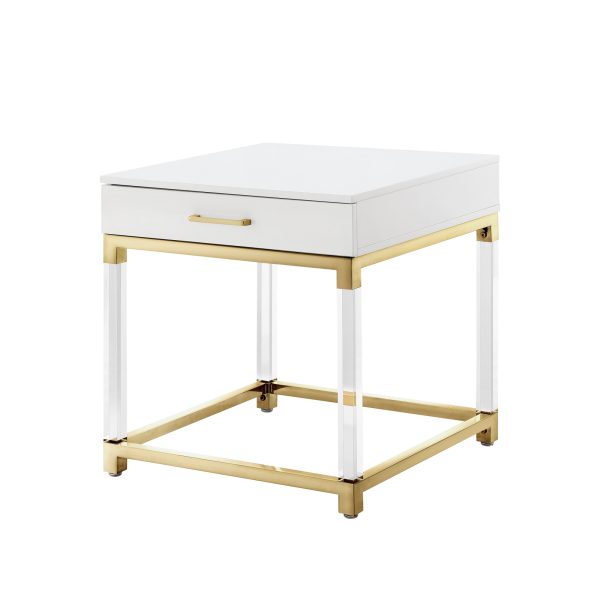 24" White and Gold Wood Acrylic and Stainless Steel Square End Table With Drawer - Image 3