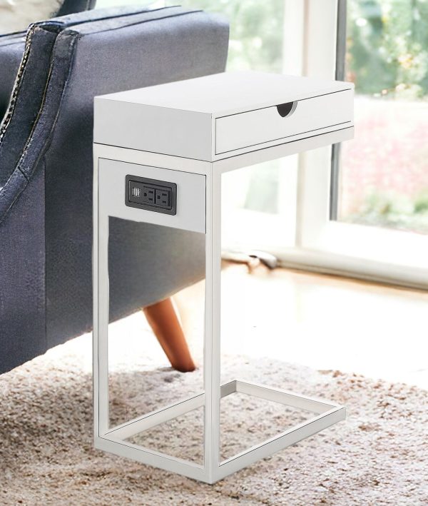 26" Silver Metallic and White Veneer End Table with Drawer - Image 2