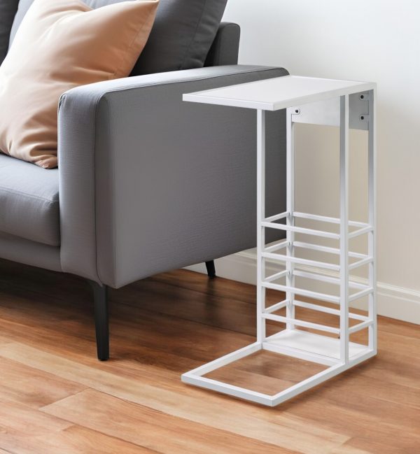 26" White Metal C Table End Table With Magazine Holder And USB Port
