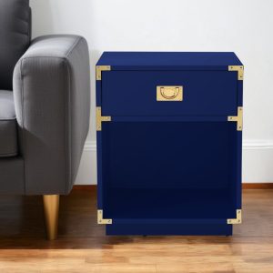 24" Dark Blue Wood Block End Table With Drawer And Shelf