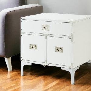 24" White and Silver Wood and Metal End Table With Drawer And Shelf