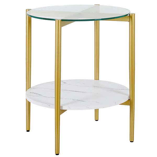 22" Gold And Clear Glass And Steel Round End Table With Shelf - Image 2