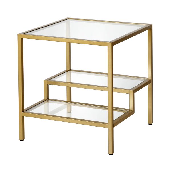 22" Brass And Clear Glass And Steel Square End Table With Two Shelves - Image 2