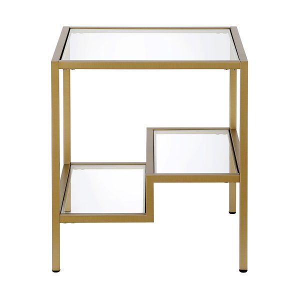 22" Brass And Clear Glass And Steel Square End Table With Two Shelves - Image 3