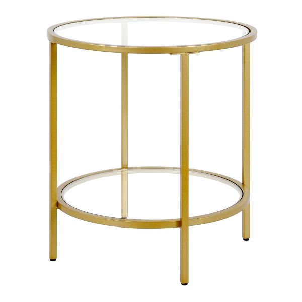 22" Brass And Clear Glass And Steel Round End Table With Shelf - Image 2