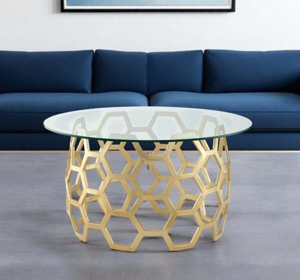 32" Clear And Gold Glass And Iron Round Coffee Table - Image 2