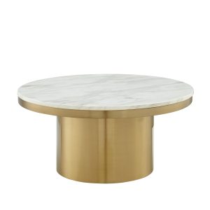 35" White And Gold Genuine Marble And Stainless Steel Round Coffee Table