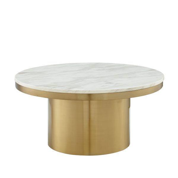 35" White And Gold Genuine Marble And Stainless Steel Round Coffee Table
