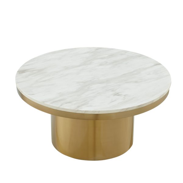 35" White And Gold Genuine Marble And Stainless Steel Round Coffee Table - Image 3