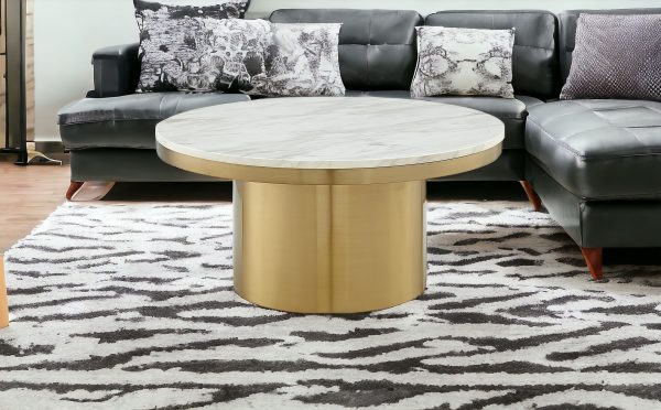 35" White And Gold Genuine Marble And Stainless Steel Round Coffee Table - Image 2